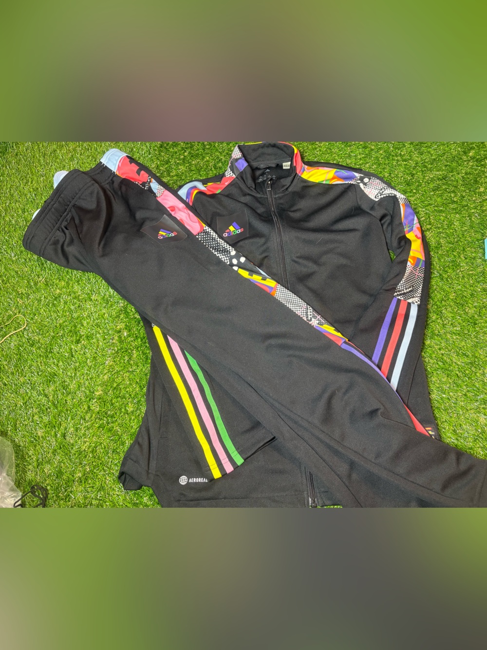 adidas Kids Black Joggers with 80s looking Side Stripes Jacket: L. Pants: M.
